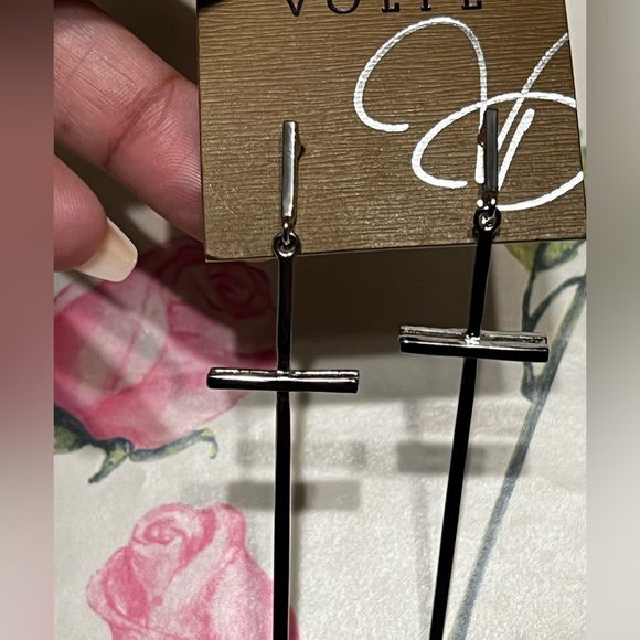 New La Volpe 3.5” Silver Tone Dangling Cross Shape Earrings - Picture 6 of 16